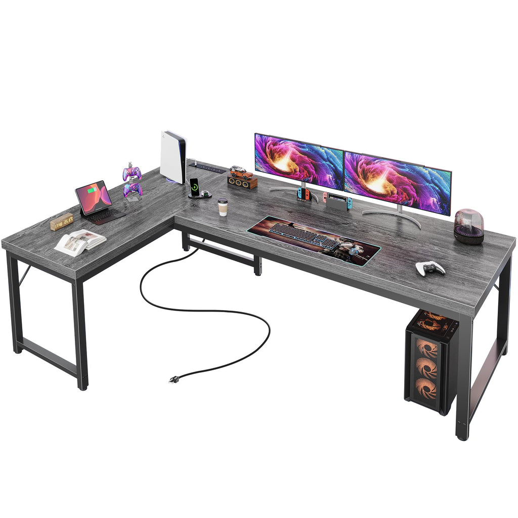 63 Inch L Shaped Desk with Power Outlets and USB-C Port, Reversible Computer Desk, Larger Office Corner Gaming Desk, 0.95 Inch Thicker Desktop, Metal Frame, for Home Office, Study, Grey