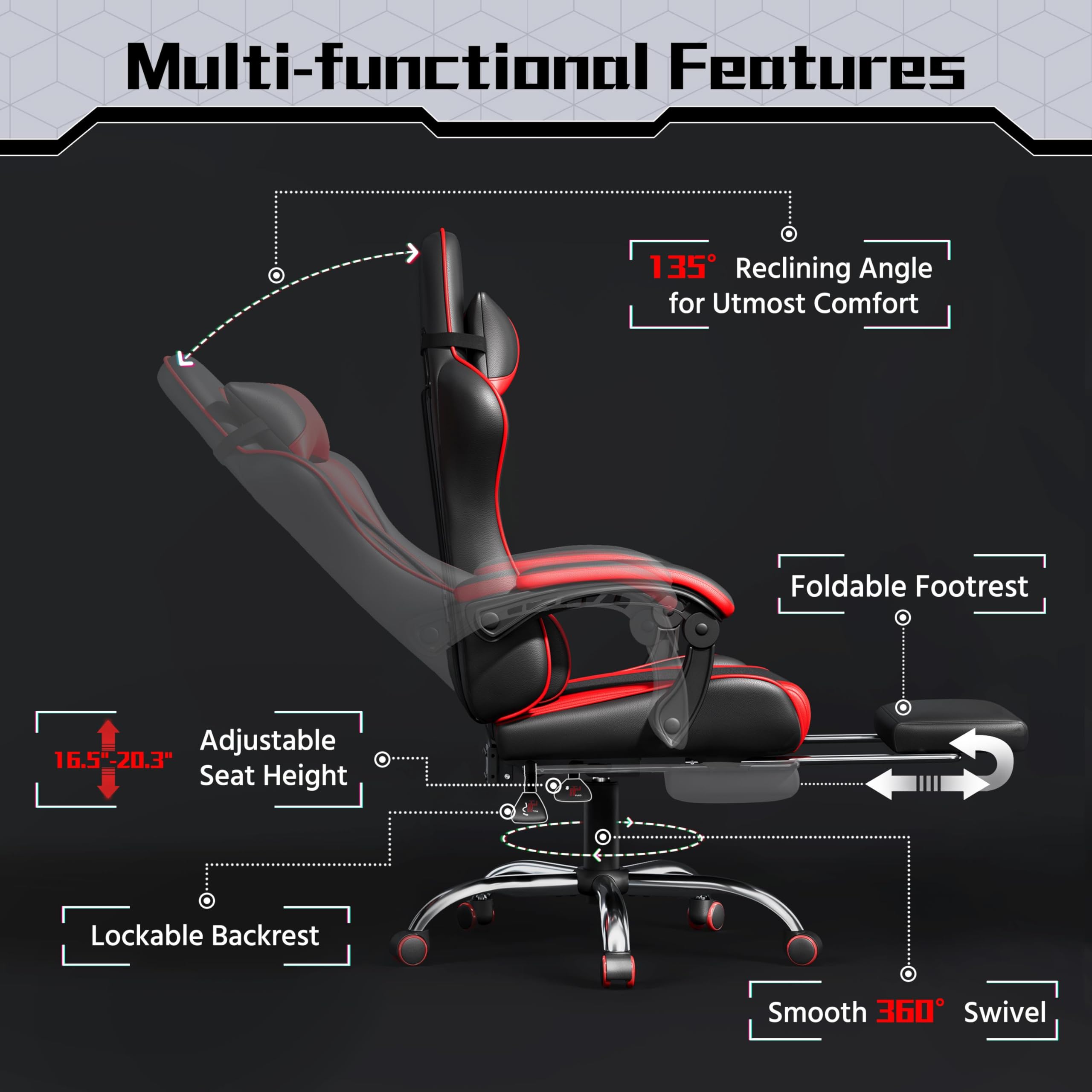 Gaming Chair, Video Game Chair with Massage Lumbar Support and Footrest Height Adjustable Ergonomic Computer Chair with Swivel Seat and Headrest, Black/Red