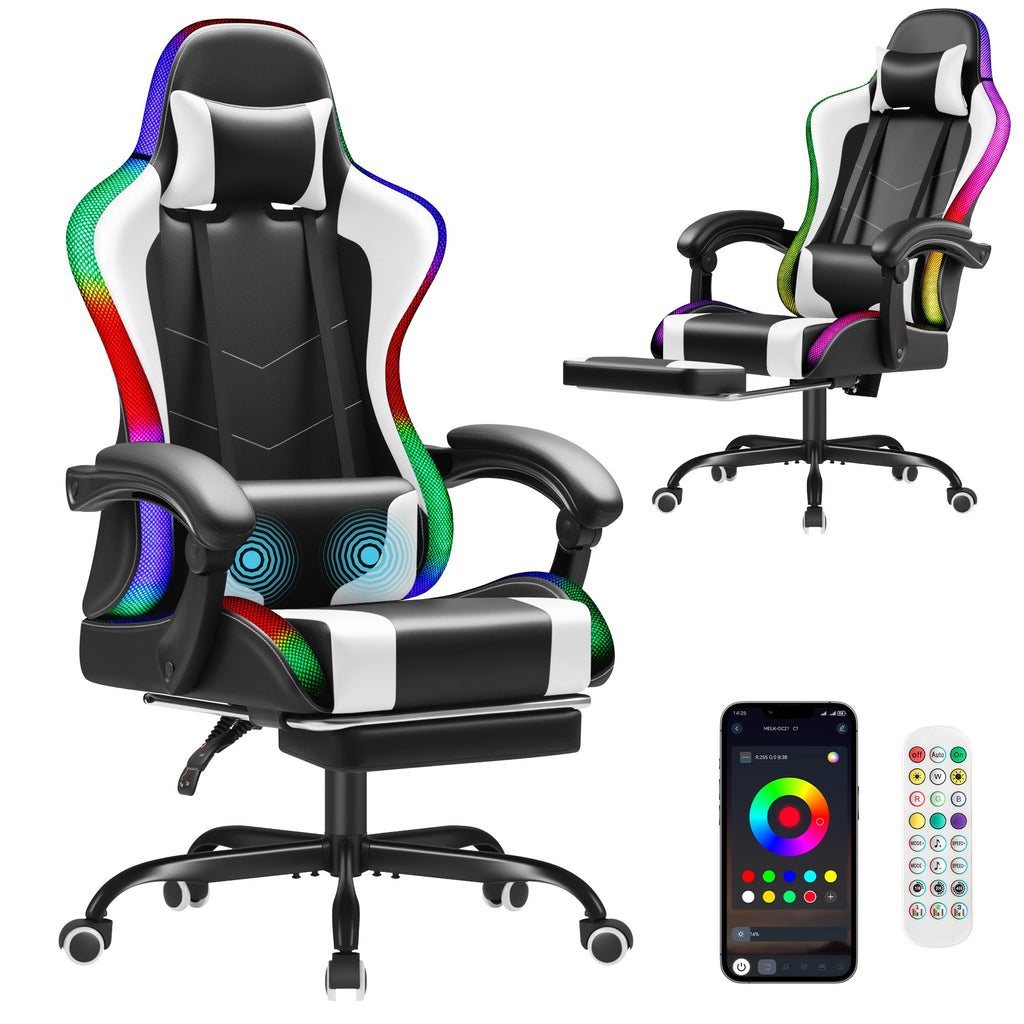 Gaming Chair, Video Game Chair with Footrest and Massage Lumbar Support, Ergonomic Computer Chair Height Adjustable with Swivel Seat and Headrest (RGB Lvory)