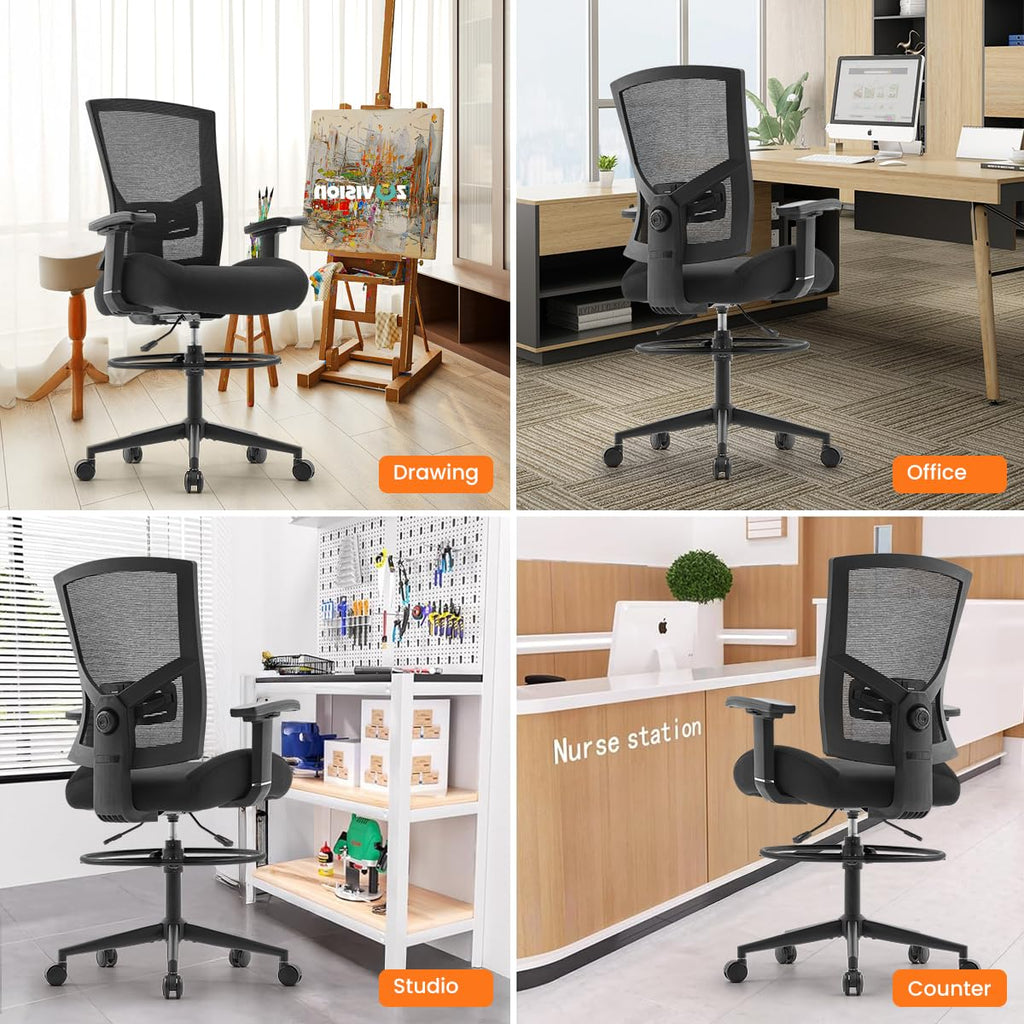 500lbs Drafting Chair,Big and Tall Office Chair for Standing Desk with Wide Seat,2D Adjustable Lumbar Support,Ergonomic Office Chair with Footrest for Home,Drawing or Counter Height Use