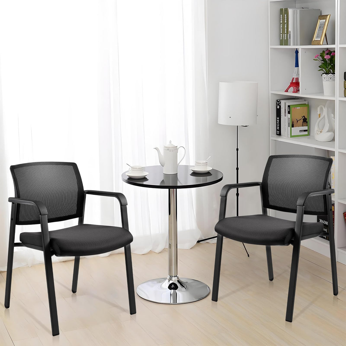 Mesh Back Stacking Arm Chairs with Upholstered Fabric Seat and Ergonomic Lumber Support for Office School Church Guest Reception Black