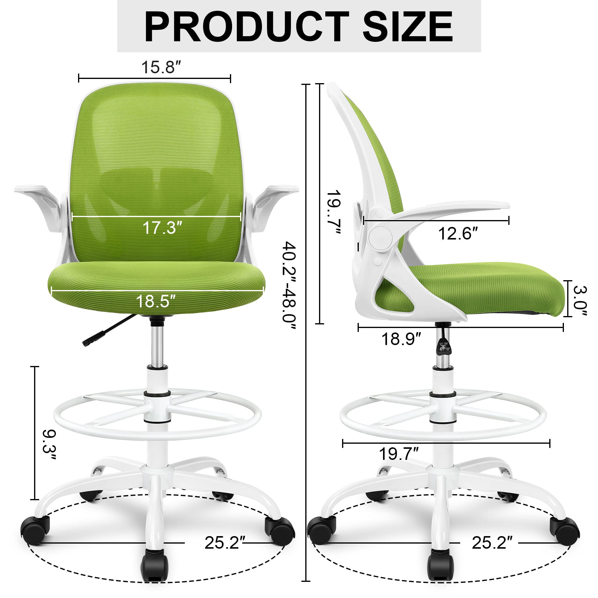 Drafting Chair Tall Office Chair with Flip-up Armrests Executive Ergonomic Computer Standing Desk Chair with Lumbar Support and Adjustable Footrest Ring (Green)