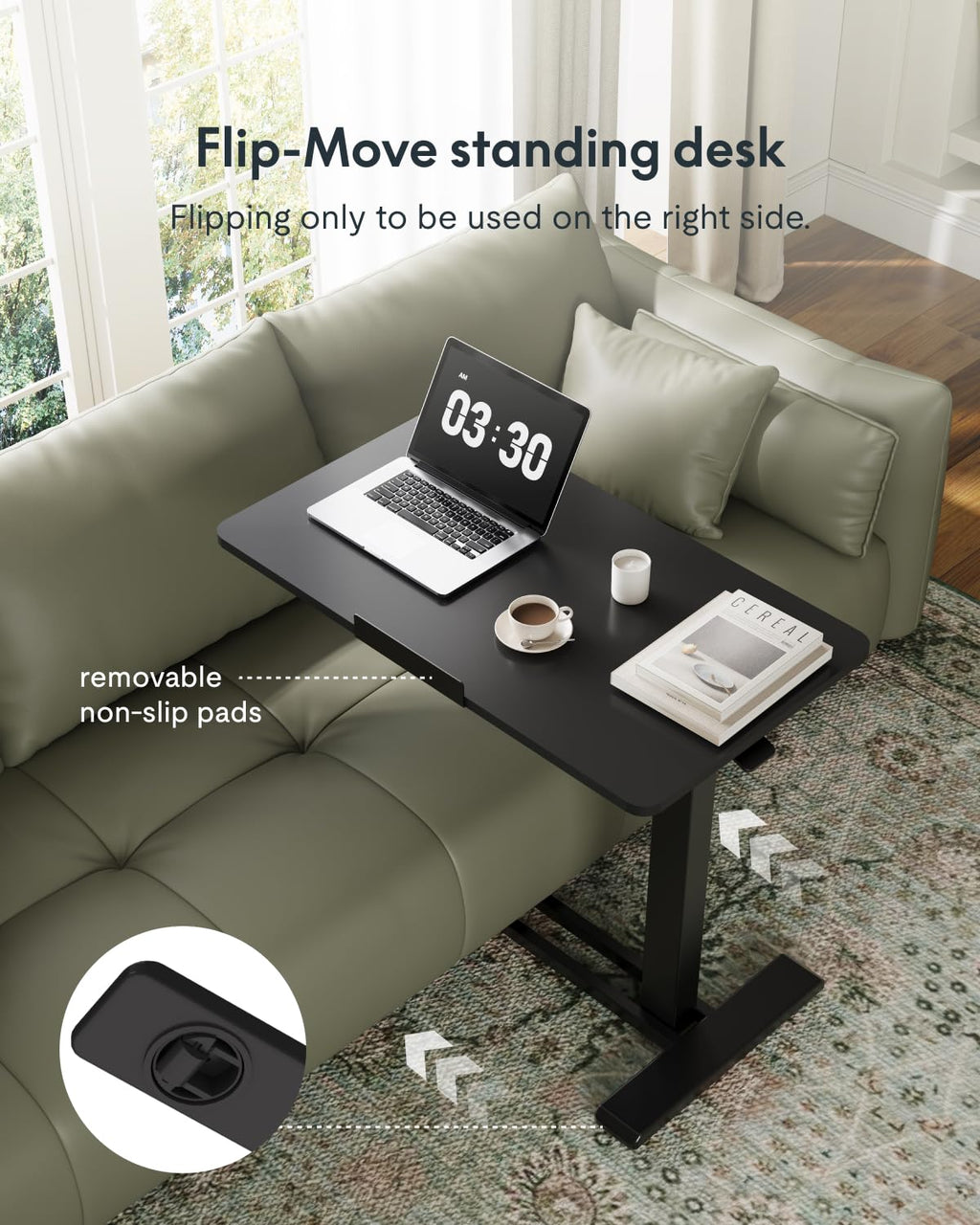 H7 PRO Mobile Standing Desk Adjustable Overbed Table Pneumatic with Wheels 90°Tiltable Portable Laptop Desk Rolling Computer Cart Foldable Bedside Table(31.5" W x 17.7" D D, Black)