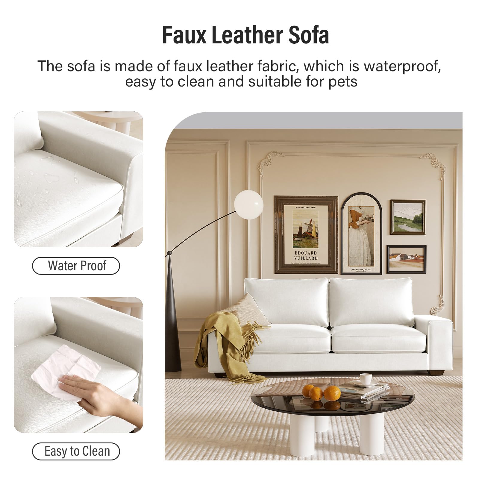 Faux Leather Couch, Mid Century Modern Comfy Loveseat Sofa with Wide Arm, Side Pockets, Solid Wooden Frame for Office, Living Room and Bedroom, 2 Seater (White, 71.25 Inches)