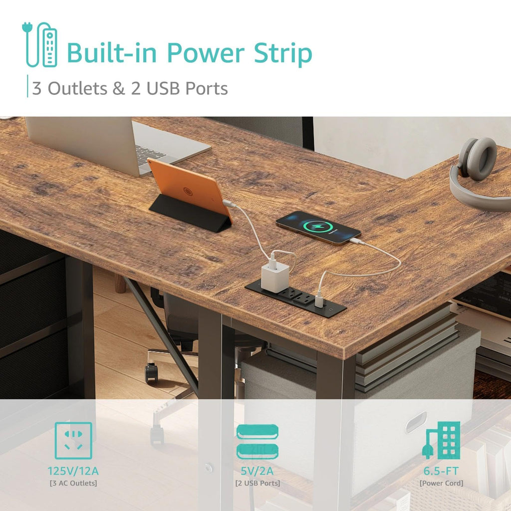 L Shaped Desk with Drawers & Storage Shelves, 47 Inch Small Reversible Corner Desk with Power Outlet for Home Office Bedroom, L-Shaped Gaming PC Computer Desks with Fabric Drawer, Rustic Brown