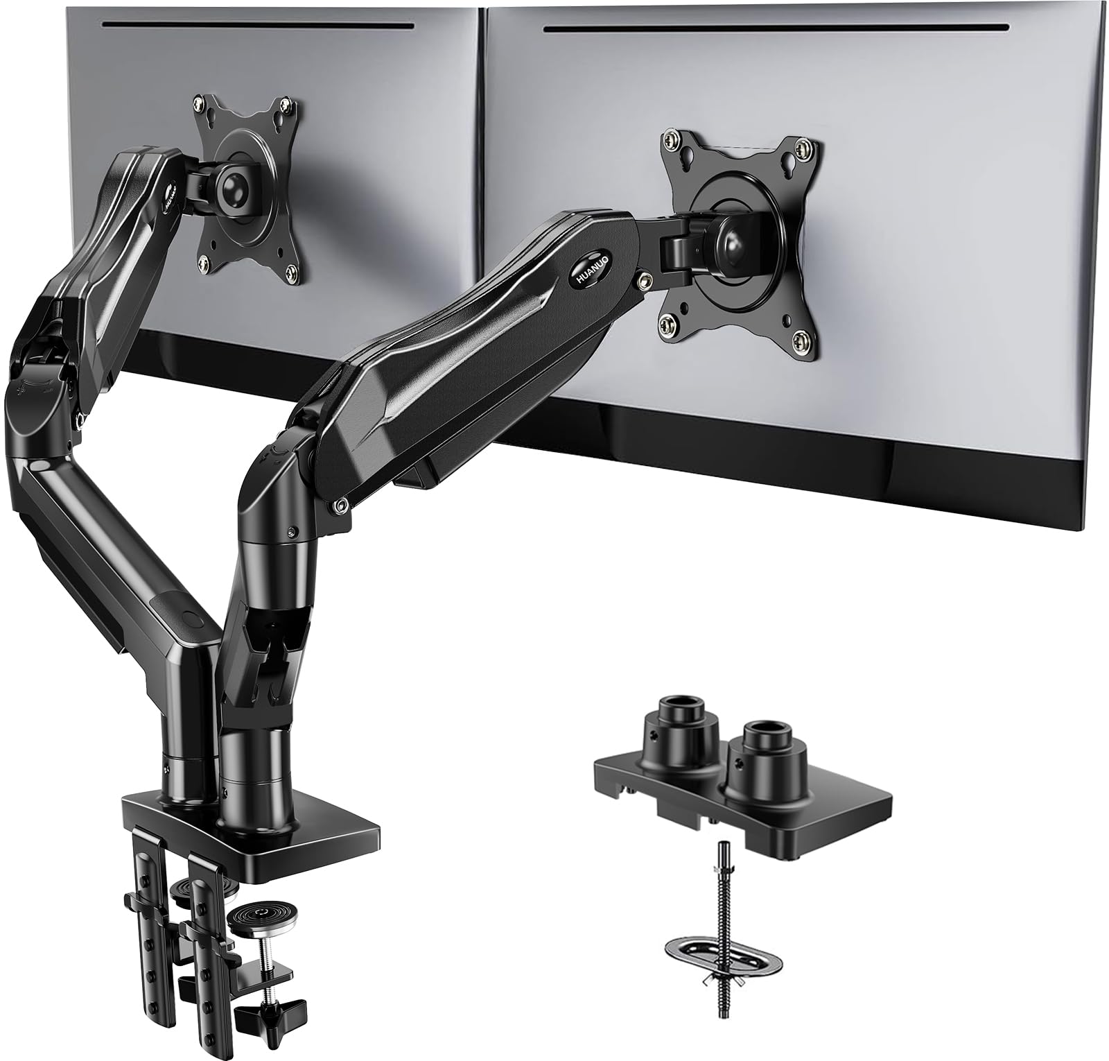 FlowLift™ Dual Monitor Stand, Fully Adjustable Gaming Monitor Desk Mount for 13–32″ Computer Screens, Full Motion VESA 75x75/100x100 with C-Clamp & Grommet Base, Each Arm Holds 4.4 to 19.8 lbs