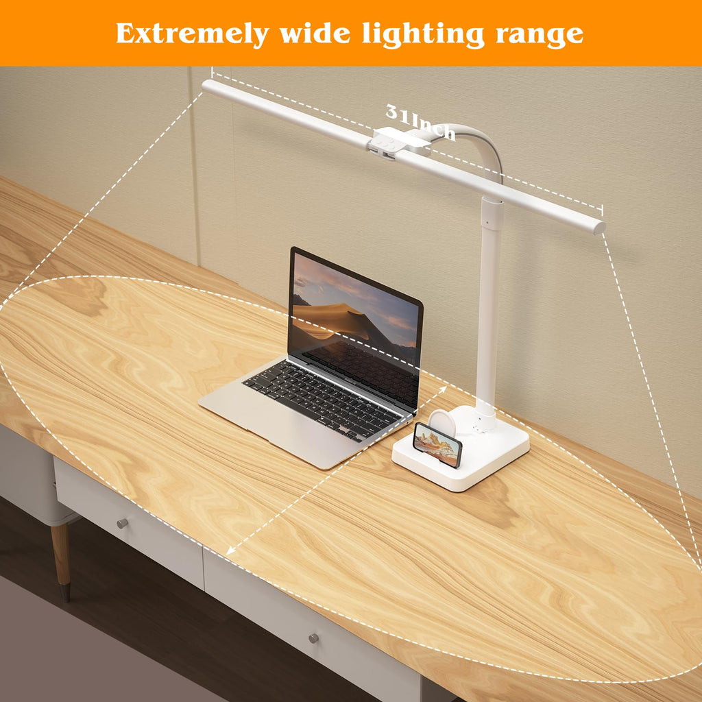 Led Desk Lamp for Office,24W Bright Eye-Caring Desk Light with Base,5 Brightness and 5 temperatures Dimmable Workbench Task Light, Adjustable Gooseneck Table Lamp for Monitor(White)
