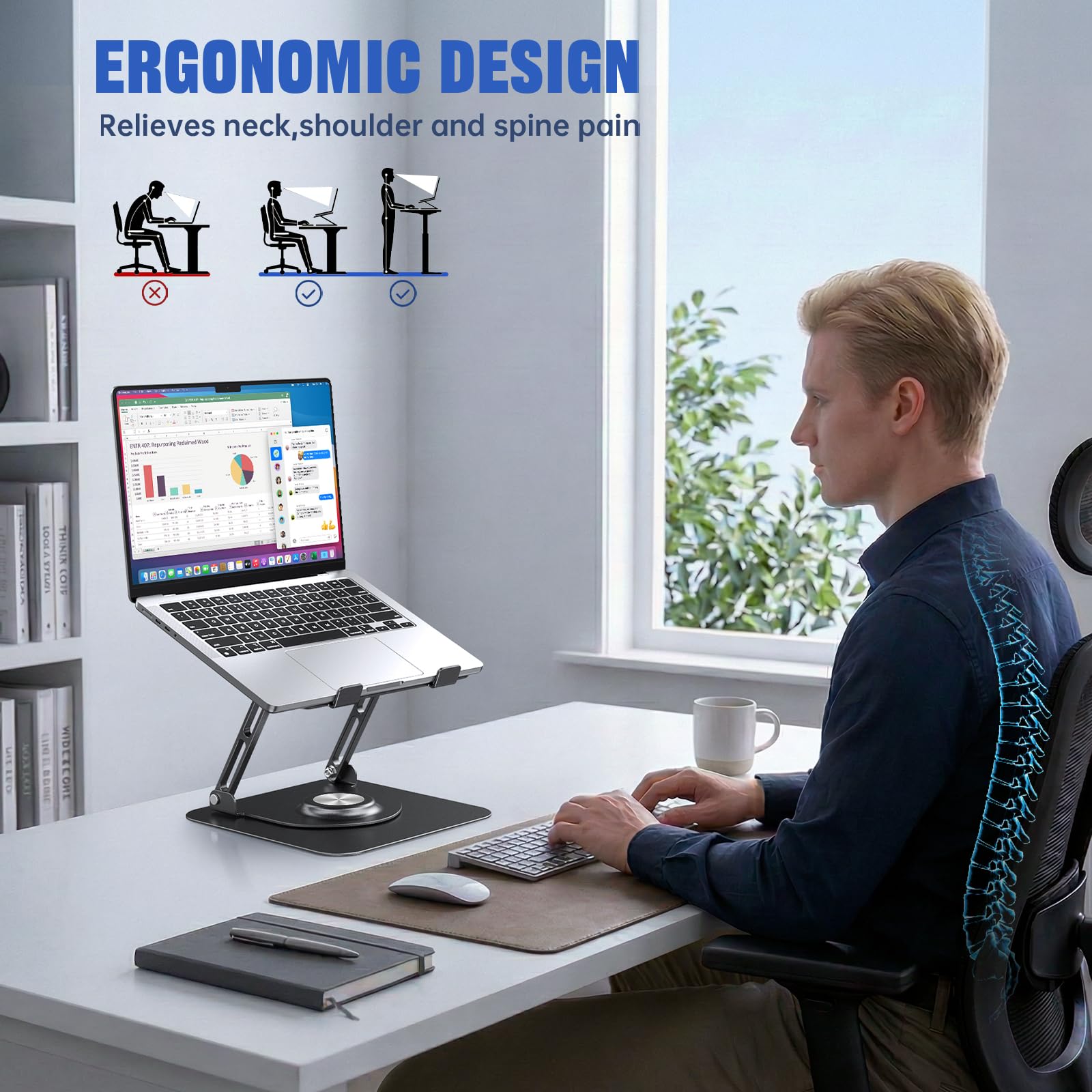 Laptop Stand for Desk, Adjustable Computer Stand with 360° Rotating Base, Ergonomic Laptop Riser for Collaborative Work, Foldable & Portable Laptop Stand, fits for All 10-16" Laptops