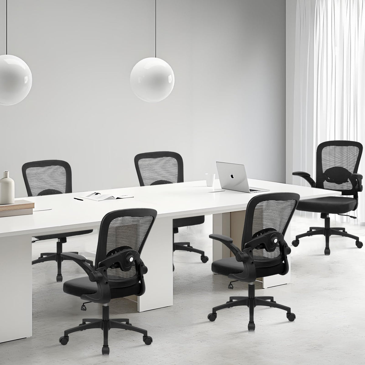 Desk Chairs with Wheels, Ergonomic Mesh Back PU Leather Seat Home Office Chair Adjustable Lumbar Support and Height Swivel Rolling Computer Task Chairs with Flip Up Arms for Conference, Black