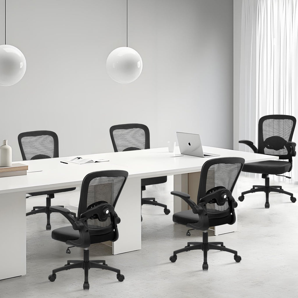 Desk Chairs with Wheels, Ergonomic Mesh Back PU Leather Seat Home Office Adjustable Lumbar Support and Height Swivel Rolling Computer Task Chair with Flip Up Arms for Conference, Black, 2PK