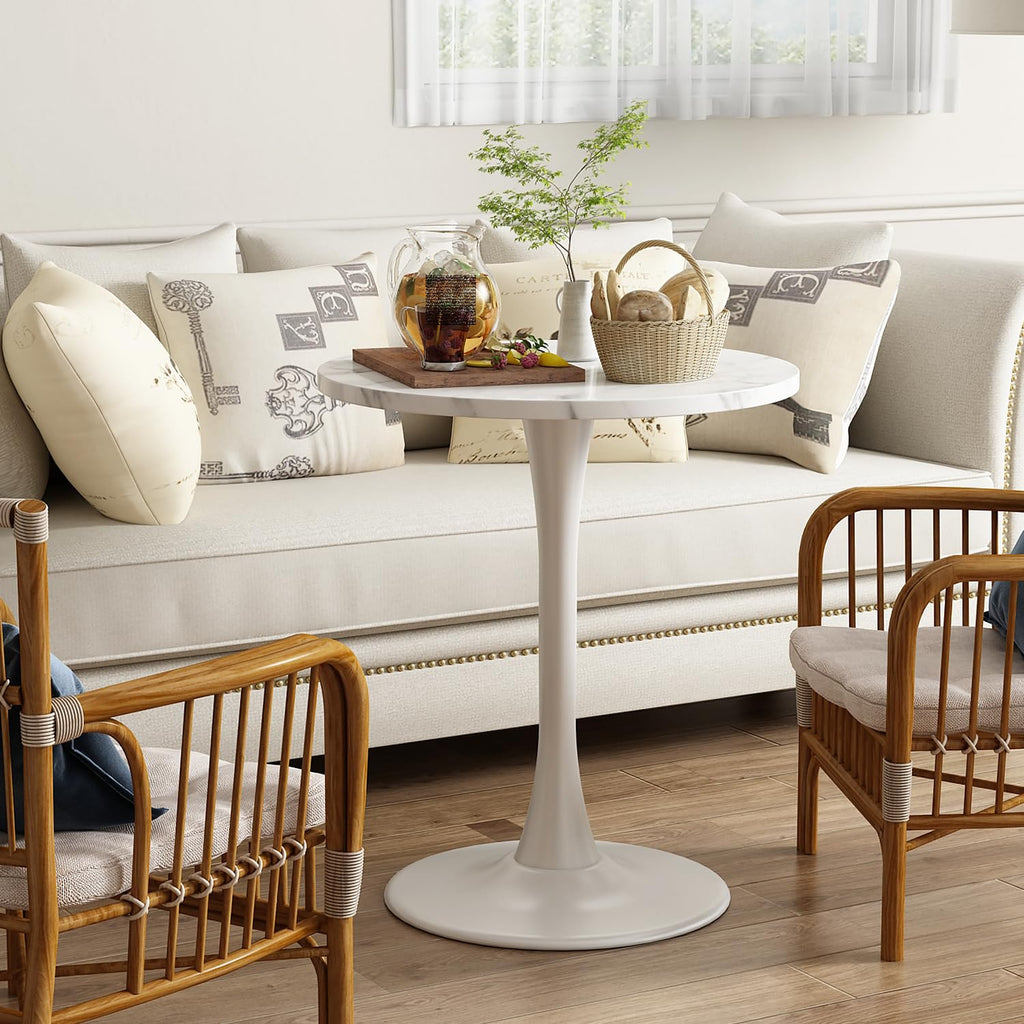 Kasinali White Marble Round Dining Table 24" Circle Tulip Table with Thickened Tabletop & Sturdy Metal Pedestal Mid Century Modern Leisure Bistro Kitchen Tables 2 People Small Places Living Room Cafe