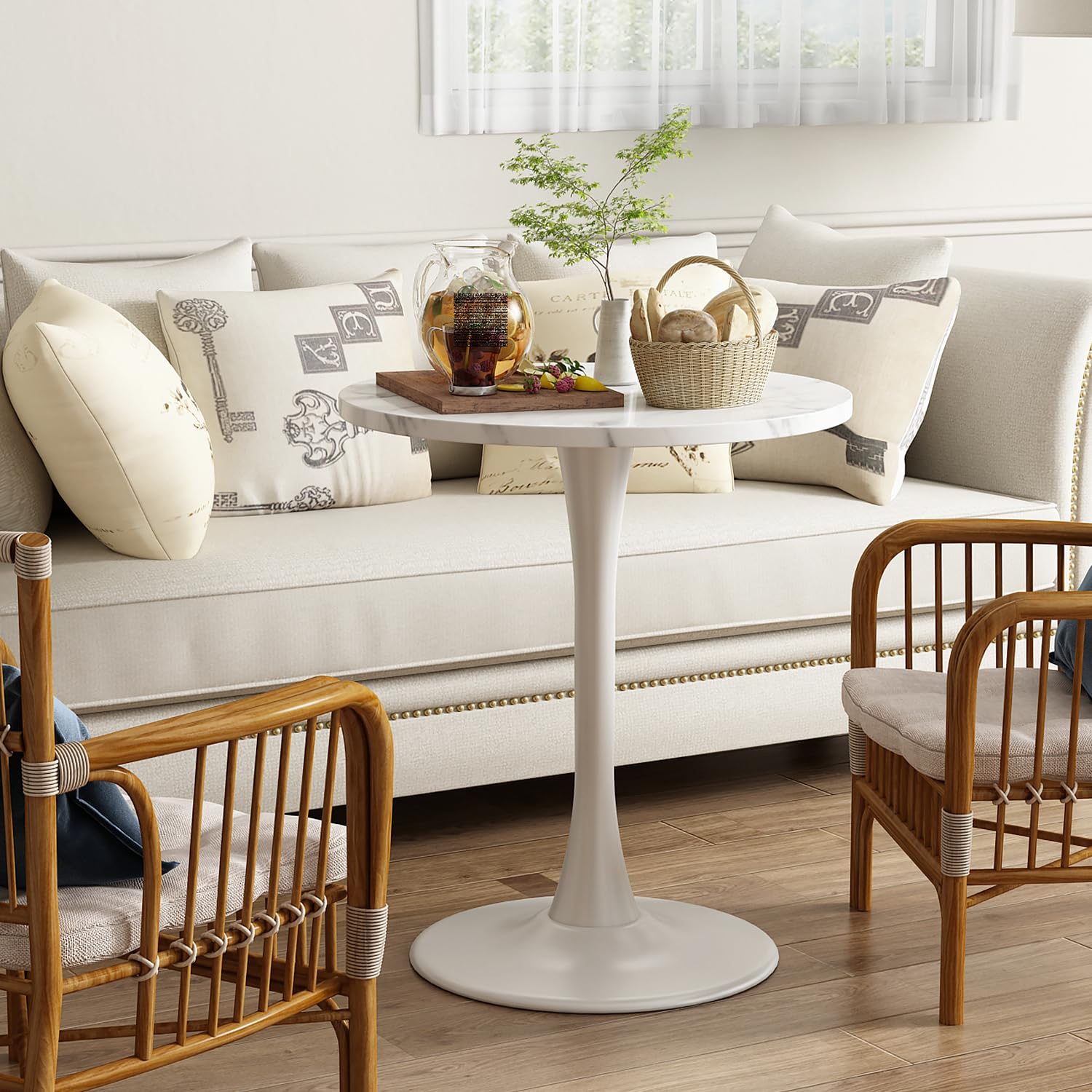 Kasinali White Marble Round Dining Table 24" Circle Tulip Table with Thickened Tabletop & Sturdy Metal Pedestal Mid Century Modern Leisure Bistro Kitchen Tables 2 People Small Places Living Room Cafe
