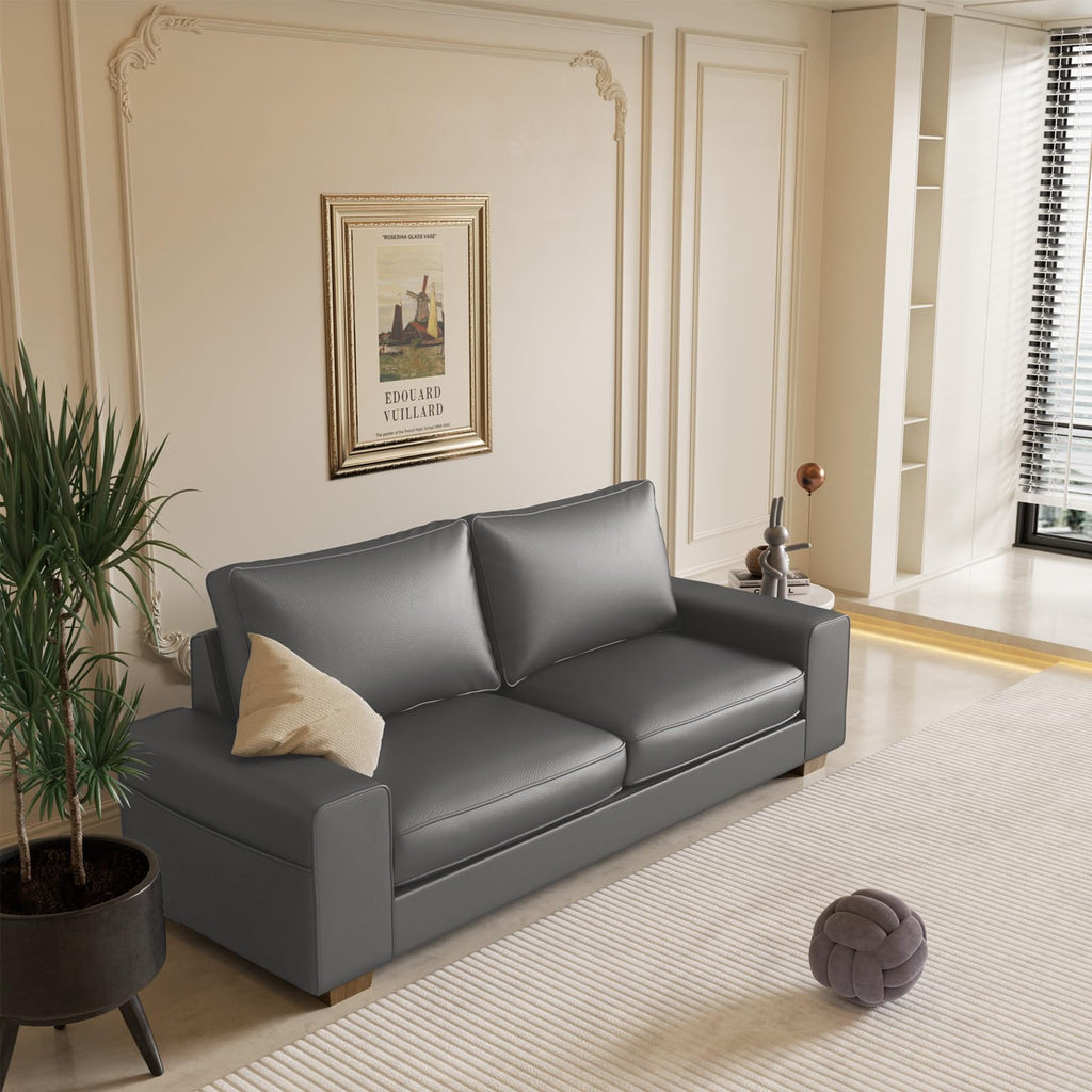 Faux Leather Couch, Mid Century Modern Comfy Loveseat Sofa with Wide Arm, Side Pockets, Solid Wooden Frame for Office, Living Room and Bedroom, 3 Seater (Gery, 88.58 inches)