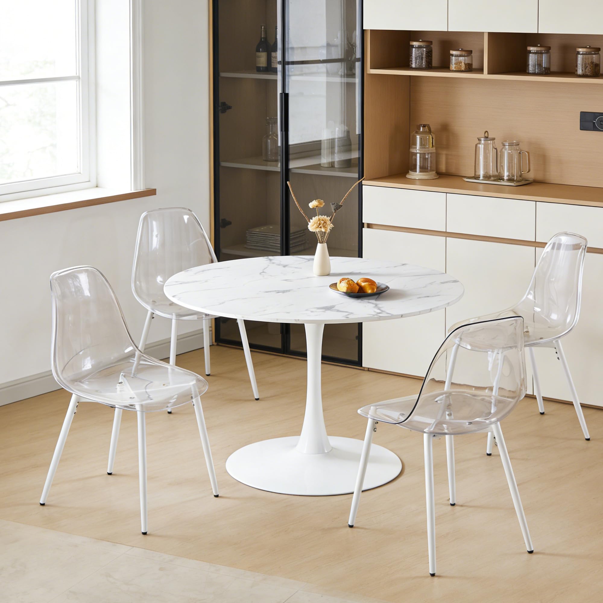 Sybrioka 42" Tulip Table for 4-6 Persons Modern Round Dining Table, Mid-Century Modern White Marble Small Kitchen Table with MDF Wooden Top, Leisure Coffee Table for Living Room, Dining Room, Office