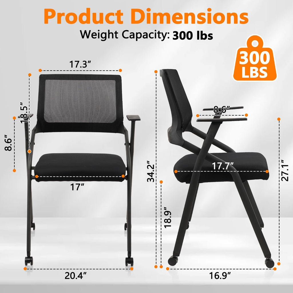Ergonomic Stackable & Foldable Conference Room Chairs, Mesh Office Chair with Arms and Wheels for Office Waiting Room Meeting Lobby Church School Receptions and Training Black