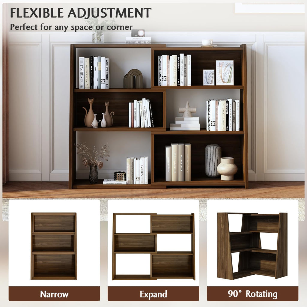 Wooden Extendable Shelf Bookcase, 3-Tier Low Bookshelf, Walnut, small
