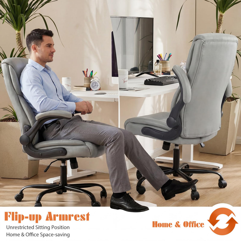 Ergonomic Office Chair, Heavy Duty 275lbs High Back Desk Chair, Flip-up Armrest PU Leather Swivel Rolling Chair with Wheels,Grey