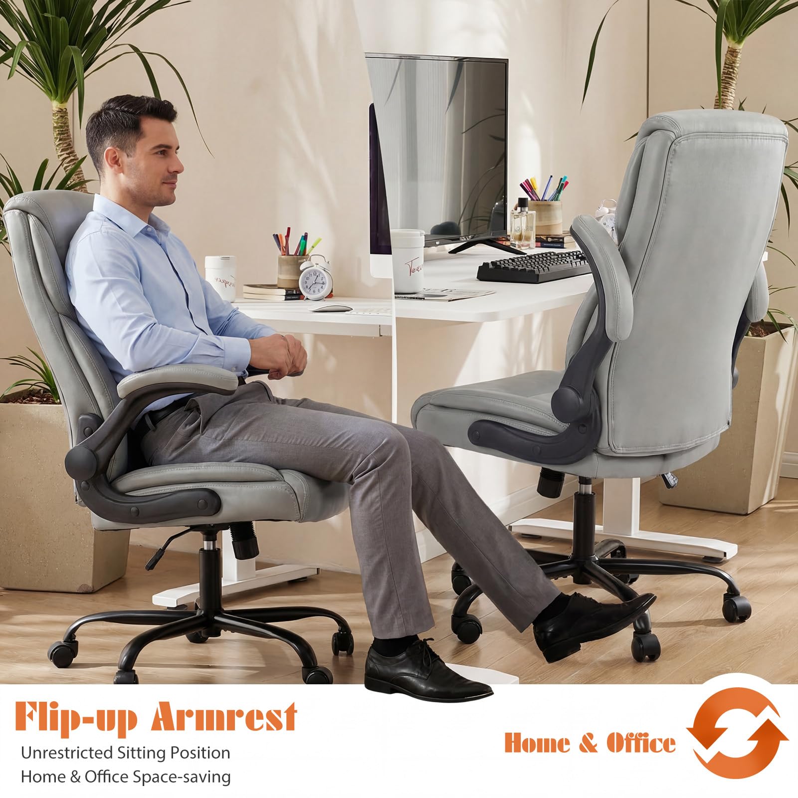Ergonomic Office Chair, Heavy Duty 275lbs High Back Desk Chair, Flip-up Armrest PU Leather Swivel Rolling Chair with Wheels,Grey