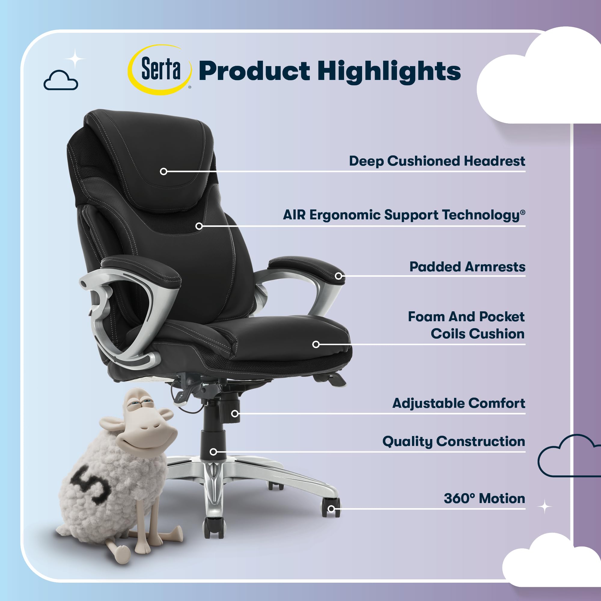 Executive Office Chair - Ergonomic Computer DeskChair with Lumbar Technology - Adjustable Height - Memory Foam Body Pillows - 360° Swivel Rolling Base - Bonded Leather - Black