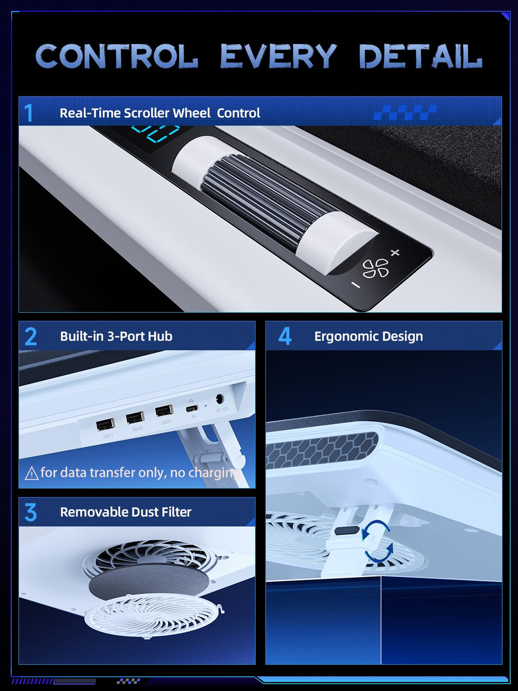 Laptop Cooling Pad with 5.5" Turbofan – High-Speed Cooling for 15-19 Inch Gaming Laptops, Adjustable Speed & Touch Control, 3-Port USB Hub, with Mousepad, White (No RGB)