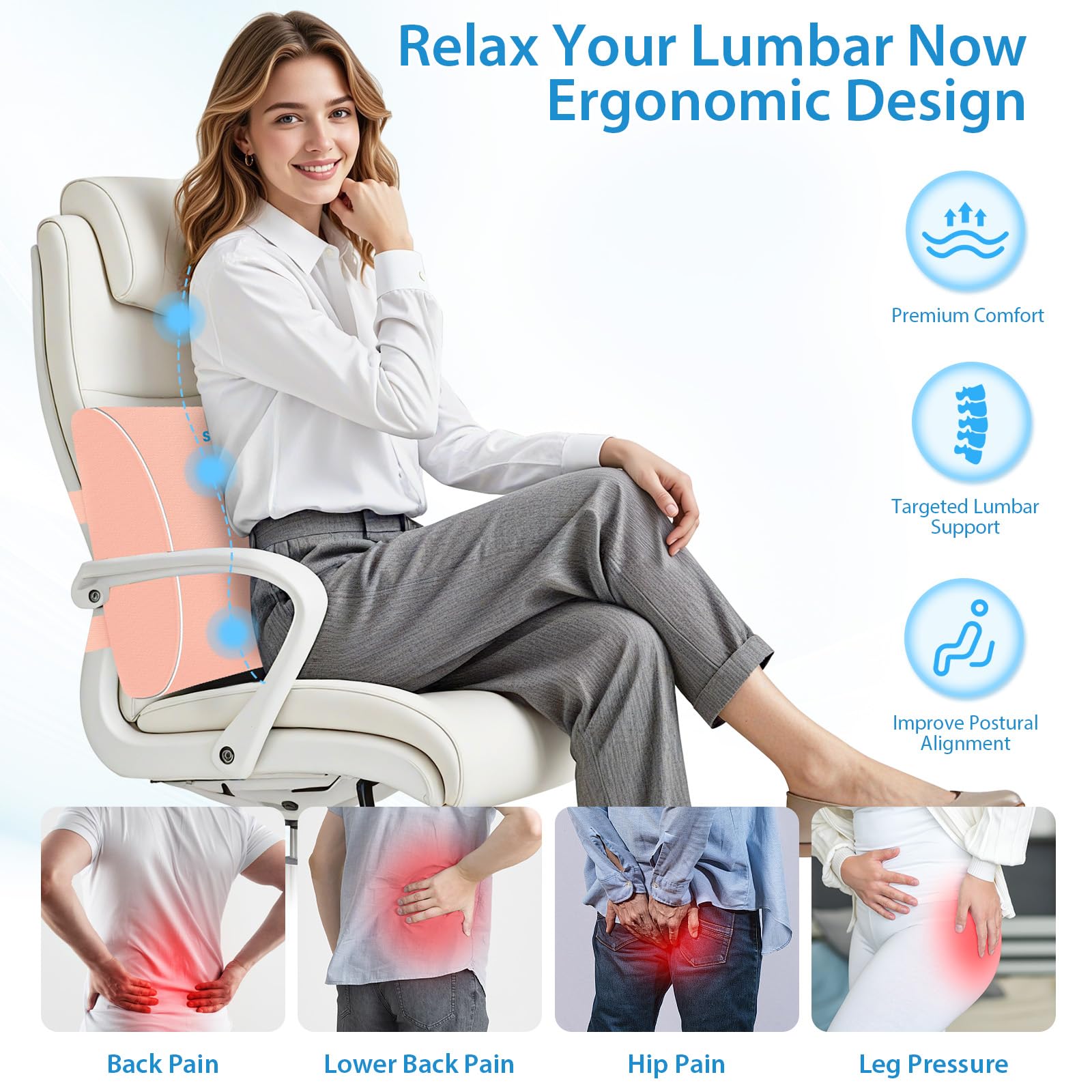 Lumbar Support Pillow for Office Chair, Car & Gaming Chair, Ergonomic Memory Foam Cushion for Back Comfort,Zoned Back Support, Double Adjustable Straps,Breathable Washable Cover(Pink,Large)