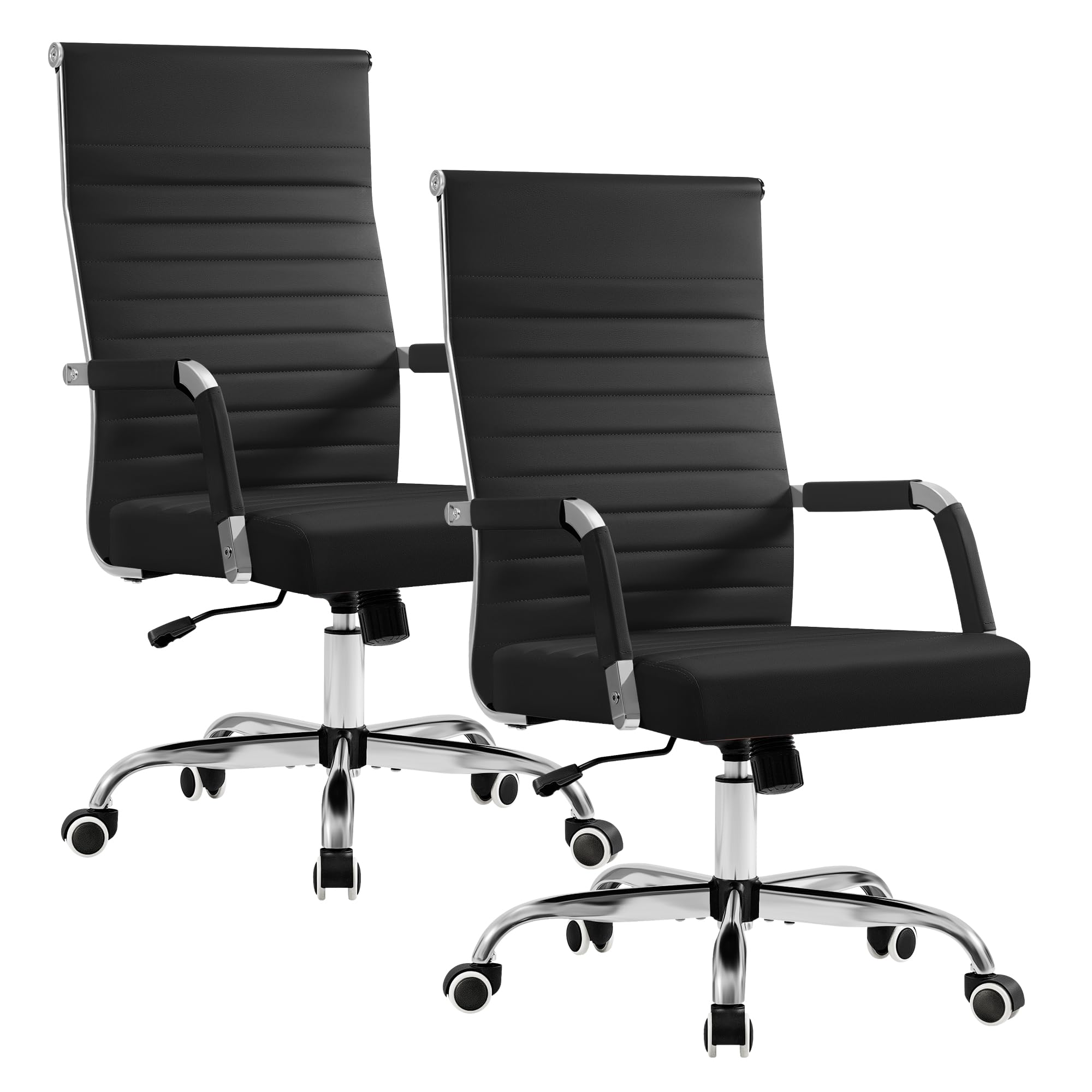 (2 pcs, Black) Ergonomic Office Desk Chair, Executive Ribbed Mid-Back PU Leather Conference Room Chair Adjustable Swivel Chair with Arms