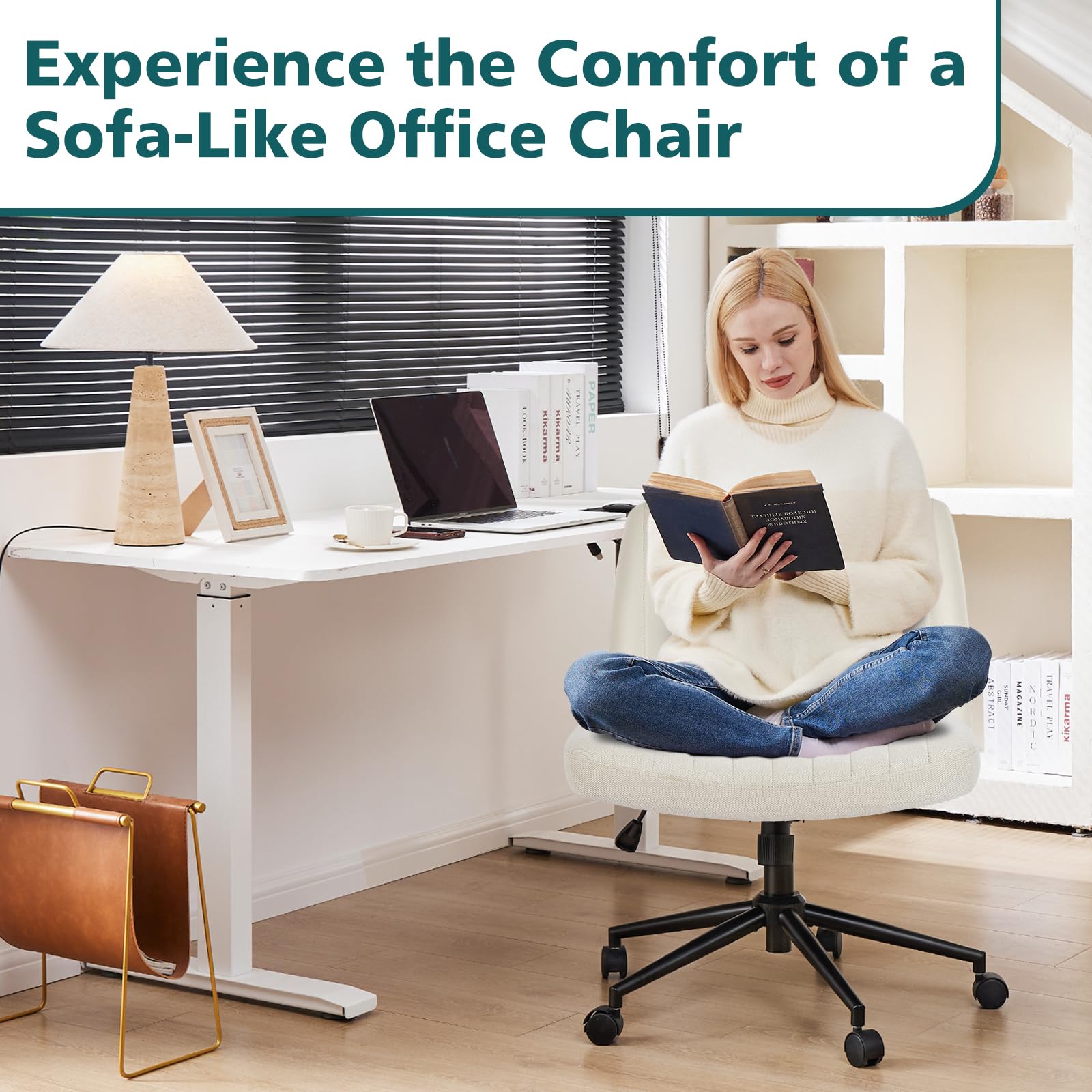 Criss Cross Chair with Wheels Wide Cross Legged Office Desk Vanity Chair Comfy Fabric Armless Adjustable Swivel for Home Computer Task Fabric Beige
