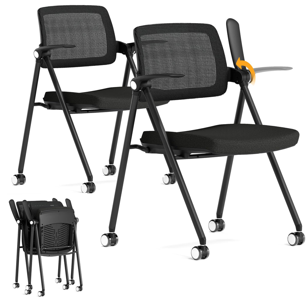 Stackable & Foldable Office Chair Set of 2, Folding Desk Chair with Flip-Up Armrest, Breathable Mesh, Thick Seat Cushion & Rocking Backrest, Conference Room Chair with Wheel (Black)