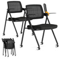 Stackable & Foldable Office Chair Set of 2, Folding Desk Chair with Flip-Up Armrest, Breathable Mesh, Thick Seat Cushion & Rocking Backrest, Conference Room Chair with Wheel (Black)