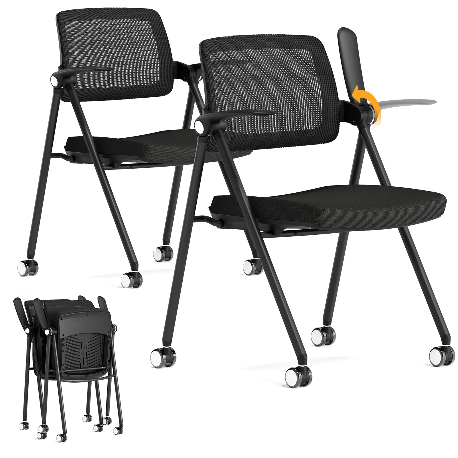 Stackable & Foldable Office Chair Set of 2, Folding Desk Chair with Flip-Up Armrest, Breathable Mesh, Thick Seat Cushion & Rocking Backrest, Conference Room Chair with Wheel (Black)