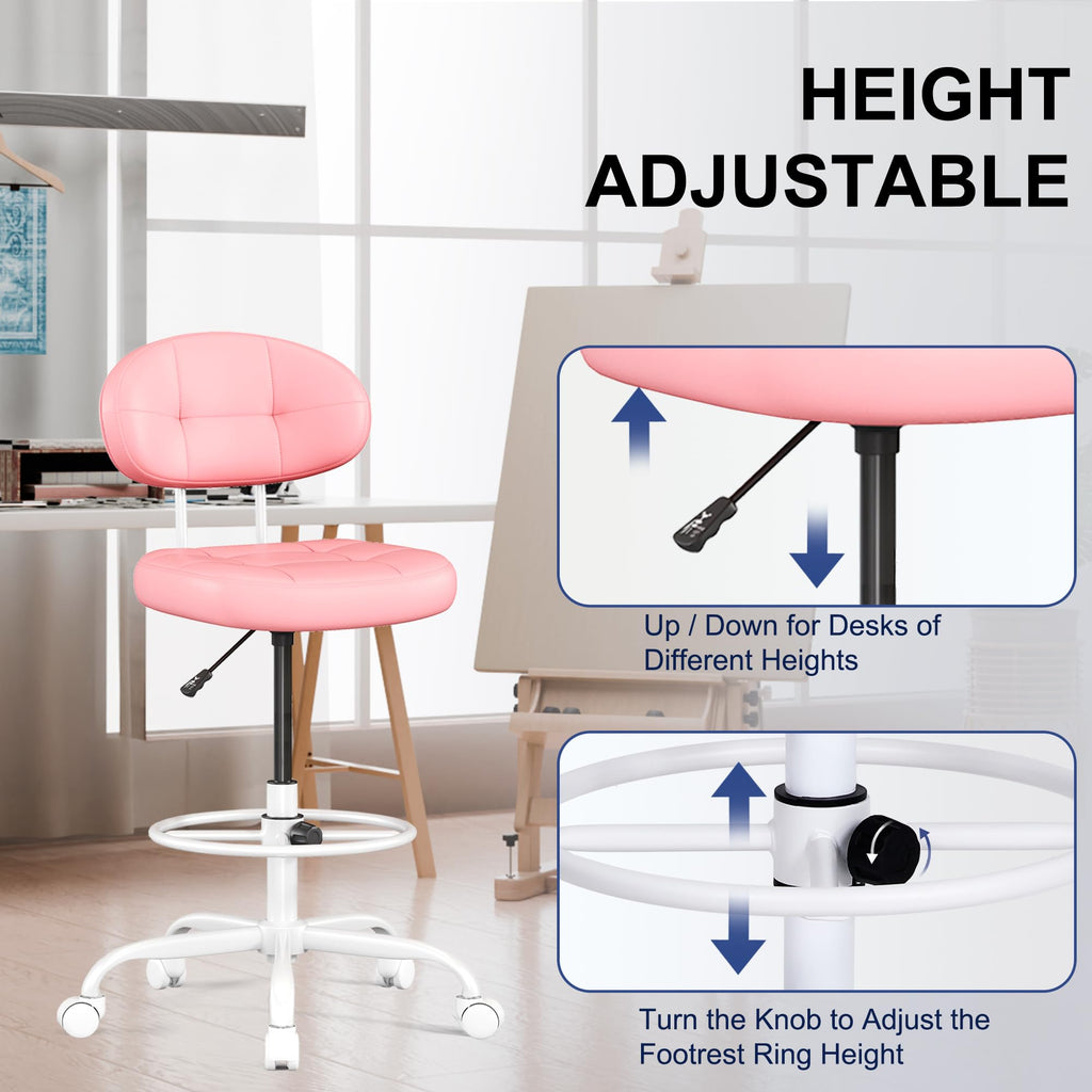 Drafting Chair, Armless Tall Office Chair with Footrest Ring for Standing Desk, Small Faux Leather Executive Computer Chair with Adjustable Height for Bar Lab Counter Height Desk, Pink