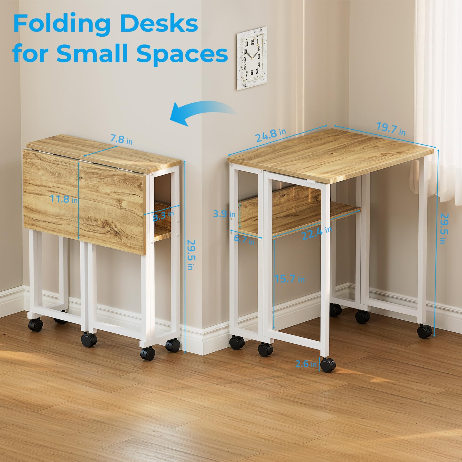 Folding Desk with Wheels, 24.8 Inch Compact Rolling Computer Table with Storage Shelf, Portable Mobile Workstation for Small Spaces, Easy Assembly, Oak
