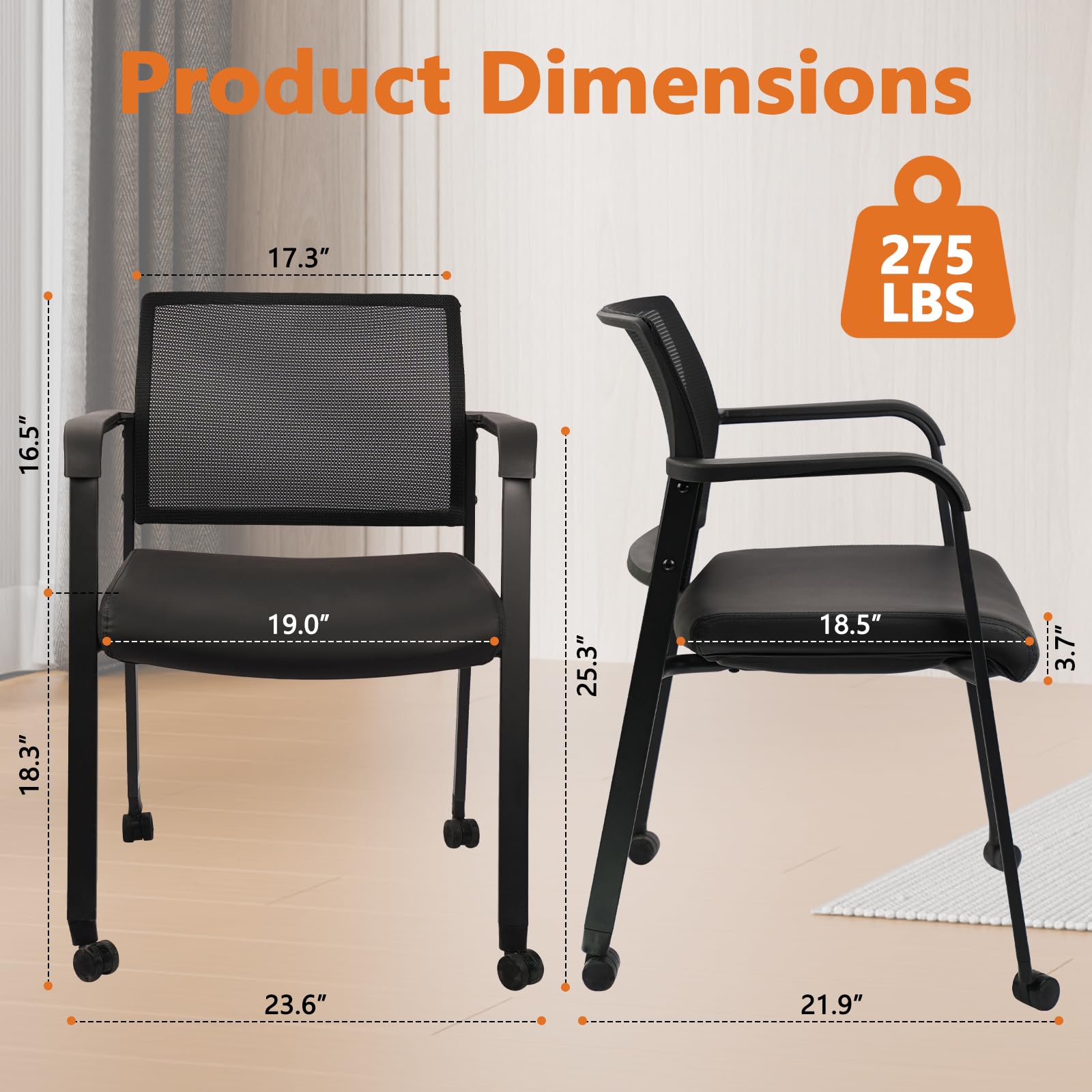 Stacking Office Chair with Wheels, Mesh Back Waiting Room Guest Chairs with Arms Comfortable Leather Cushion Stackable Desk Chair for Conference Reception School Side Stationary, Black
