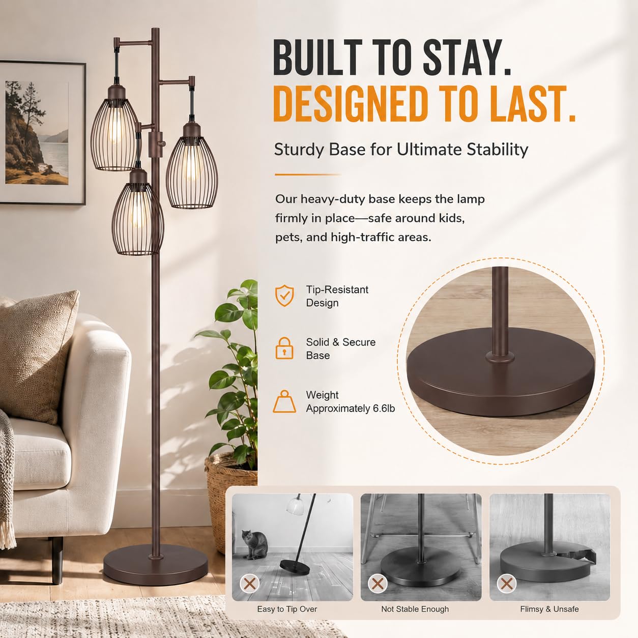 Floor Lamp,3x800LM LED Bulbs Included, Farmhouse Industrial Floor Lamp Standing Tree Lamp with Teardrop Cage Head Tall Lamp for Living Room Bedroom Office Dining Room - Matte Brown