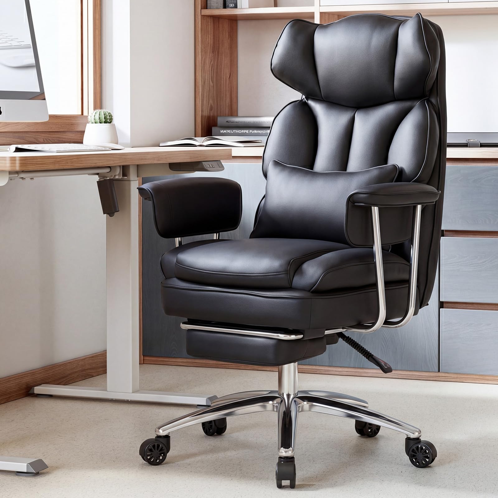 Sweetcrispy Executive Home Office Desk Chair - Ergonomic Big Tall High Back with Footrest & Lumbar Support, Reclining Height Adjustable, Comfy PU Leather Computer Gaming with Swivel Wheels, Black