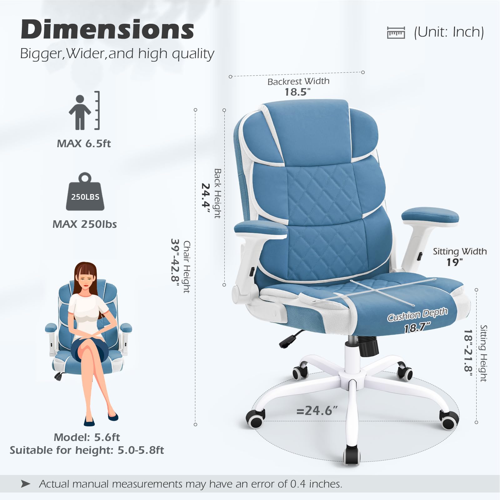 Blue Office Chair Leather Ergonomic Executive Computer Desk Chairs Small Cute Rolling Task Chairs for Teens&Adults