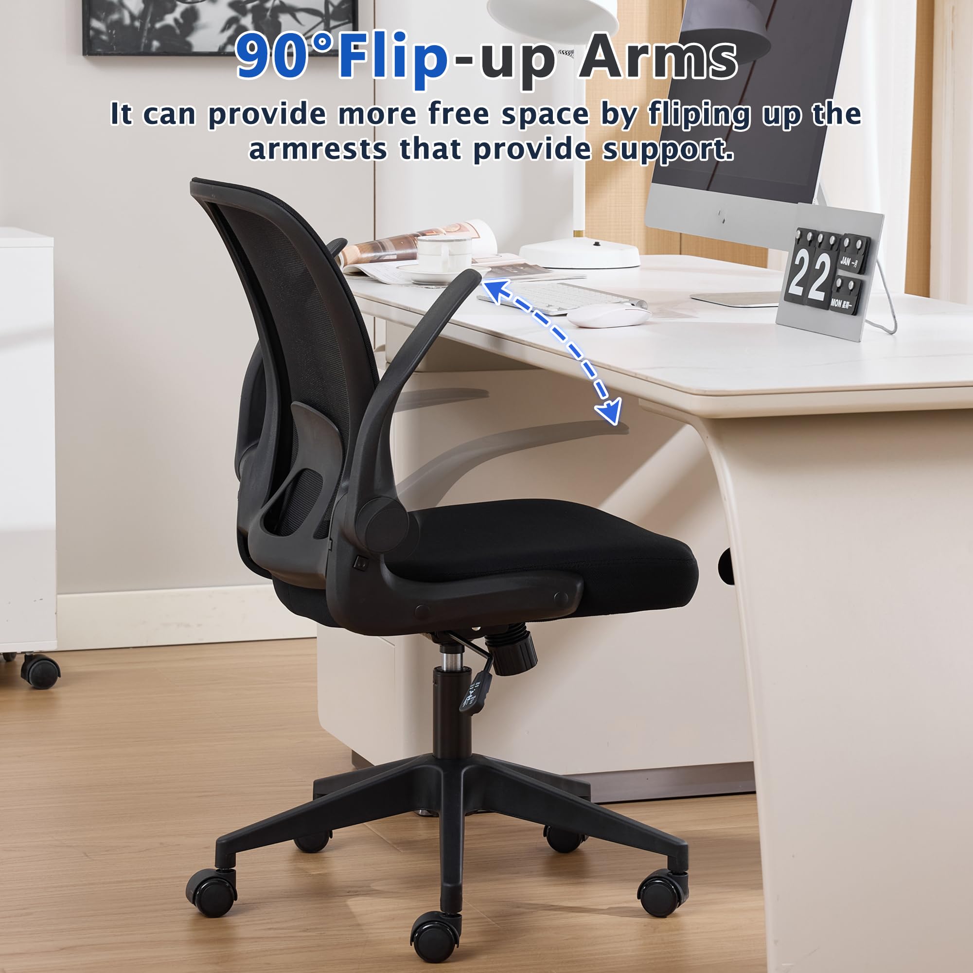 Foldable Office Chair for Small Spaces | Home Office Folding Desk Chairs with Wheels and Flip Up Arms | Ergonomic Mesh Computer Chair for Adults & Kids Black