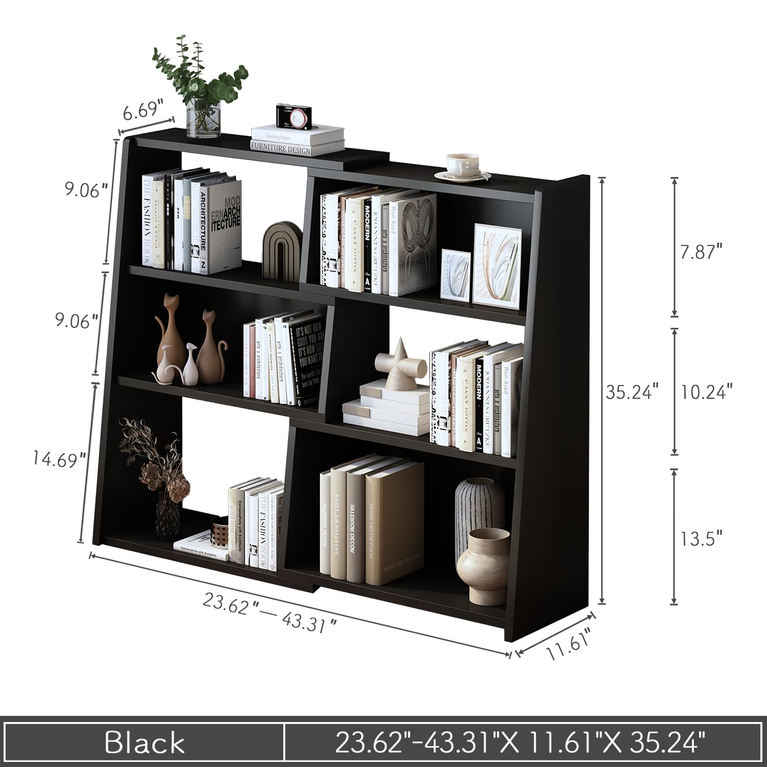 Wooden Extendable Shelf Bookcase, 3-Tier Low Bookshelf, Black, S