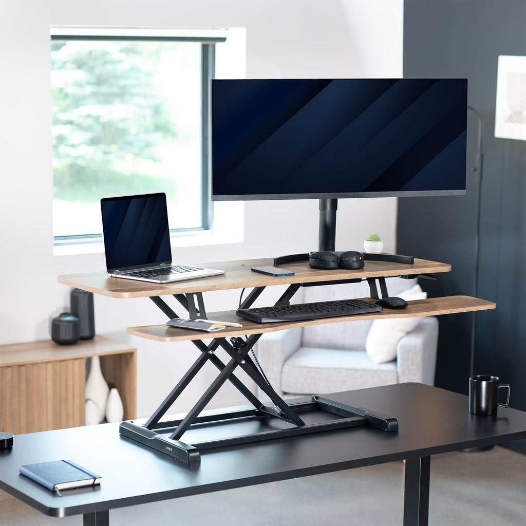 48 inch Desk Converter, K Series, Height Adjustable Sit to Stand Riser, Dual Monitor and Laptop Workstation with Wide Keyboard Tray, Reclaimed Wood Top, Black Frame, DESK-V048KP