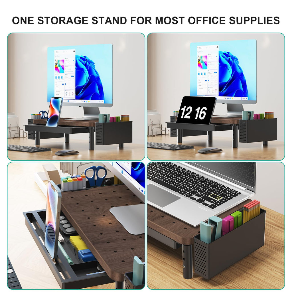 Plastic Computer Monitor Stand with Storage, Desk Organizer with Drawer and Pen Holder, Desk Monitor Riser 3 Height Adjustable, Laptop Riser for Computer, Laptop, Printer(PTT003-C), 1 Pack, Brown