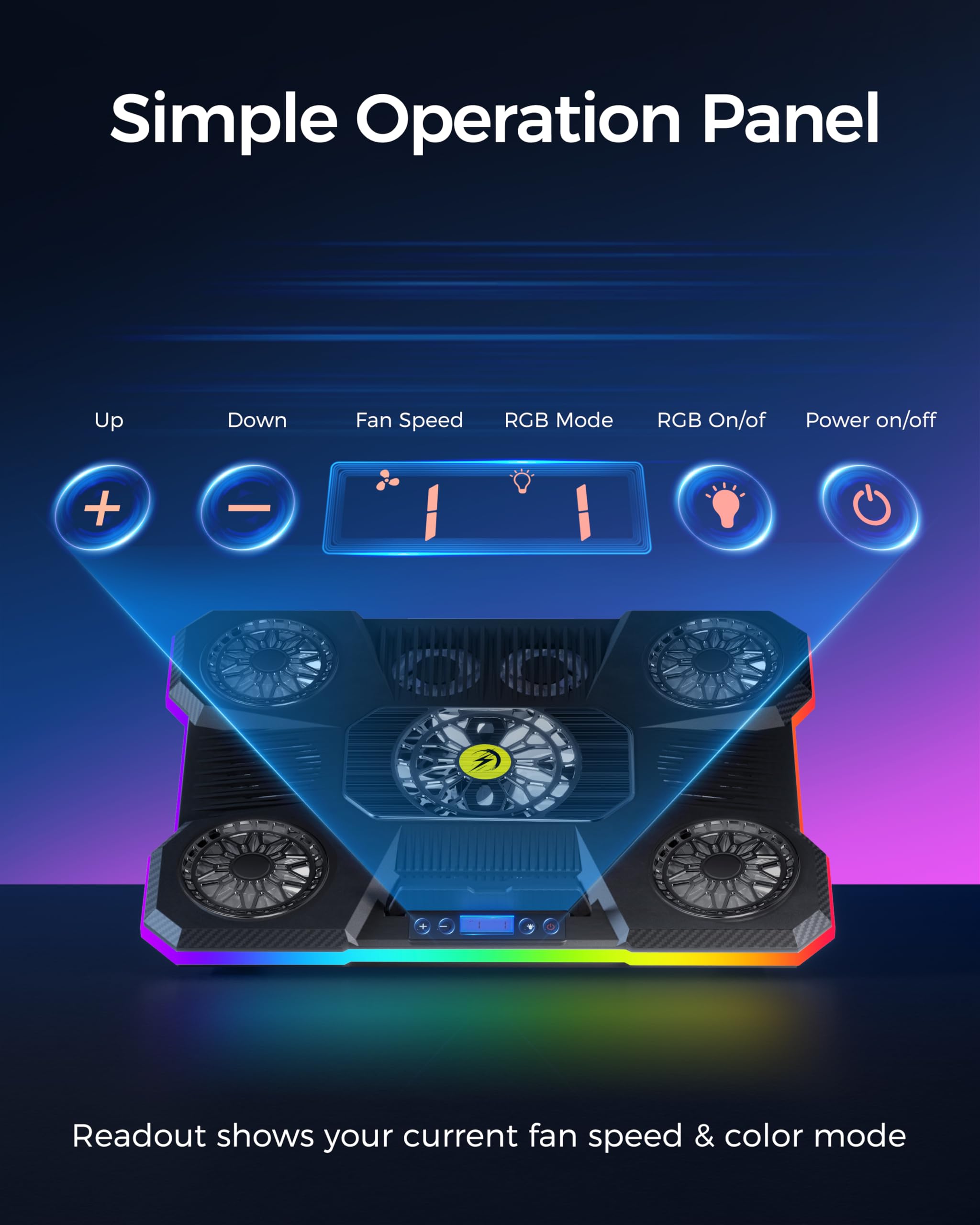 Laptop Cooling Pad, RGB Lights Laptop Cooler 9 Fans for 15.6-19.3 Inch Laptops, Gaming Laptop Fan Cooling Pad with 8 Height Stands, 2 USB Ports - A21 Blue
