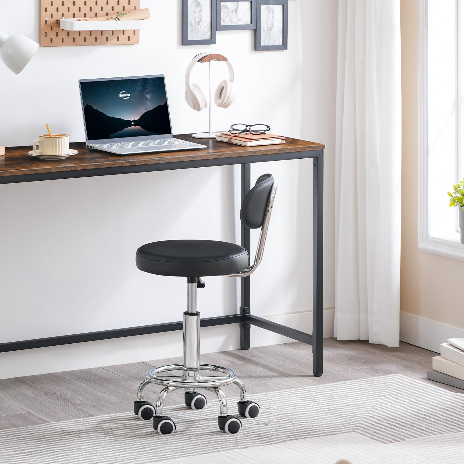 Height Adjustable Rolling Stool, 360° Rotating Drafting Chair, Multi-Purpose Office Desk Chair, Rolling Swivel Salon Stool Chair, for Barber Shop, Nail Salon, Office, Black