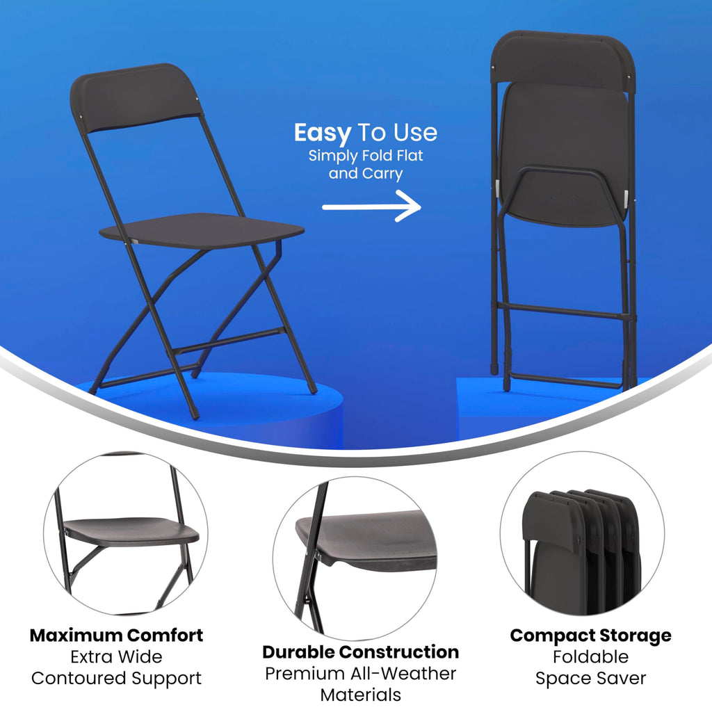 Set of 4, Hercules Series Big & Tall Stackable Plastic Folding Chairs, Extra Wide Commercial Event Seats, Black