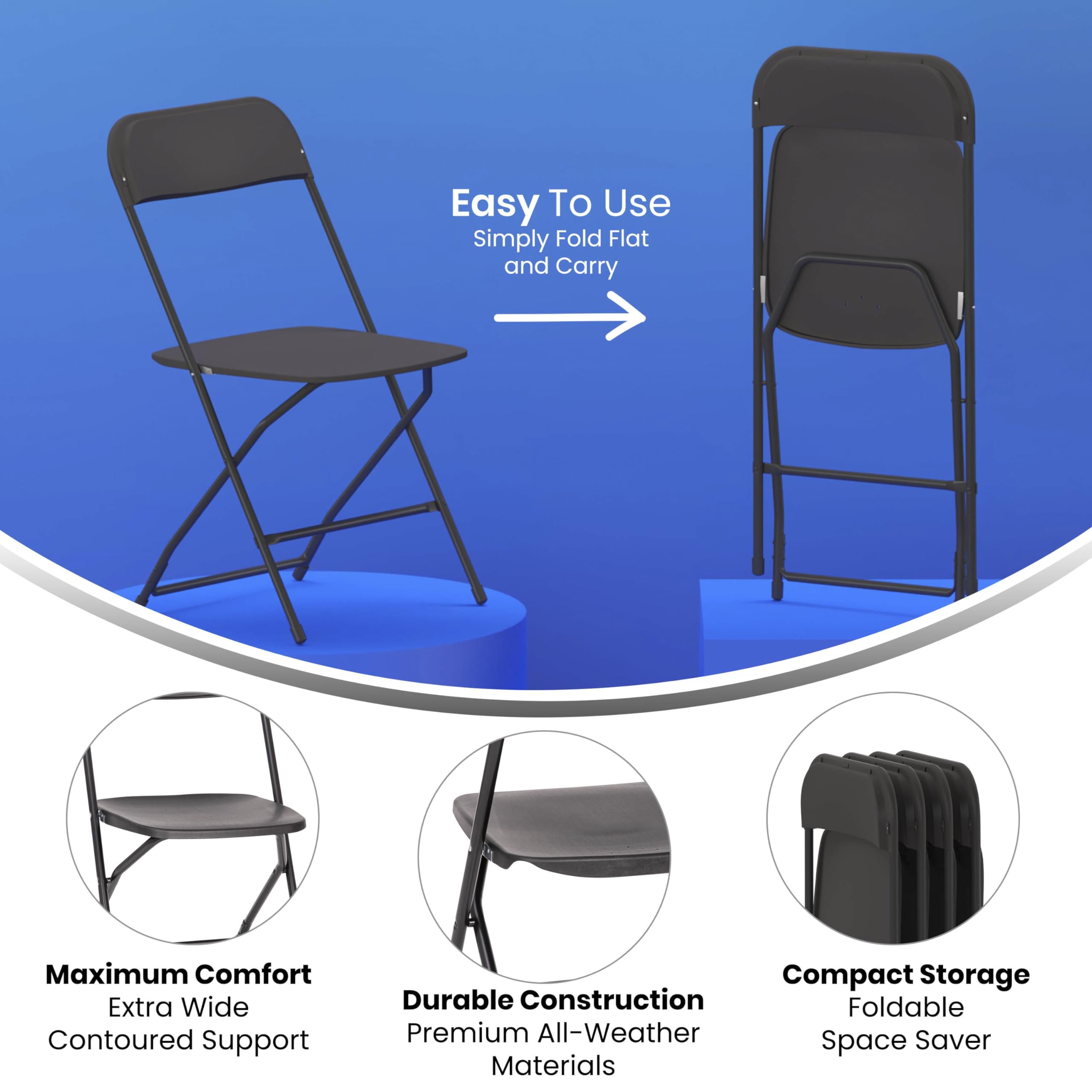 Set of 4, Hercules Series Big & Tall Stackable Plastic Folding Chairs, Extra Wide Commercial Event Seats, Black