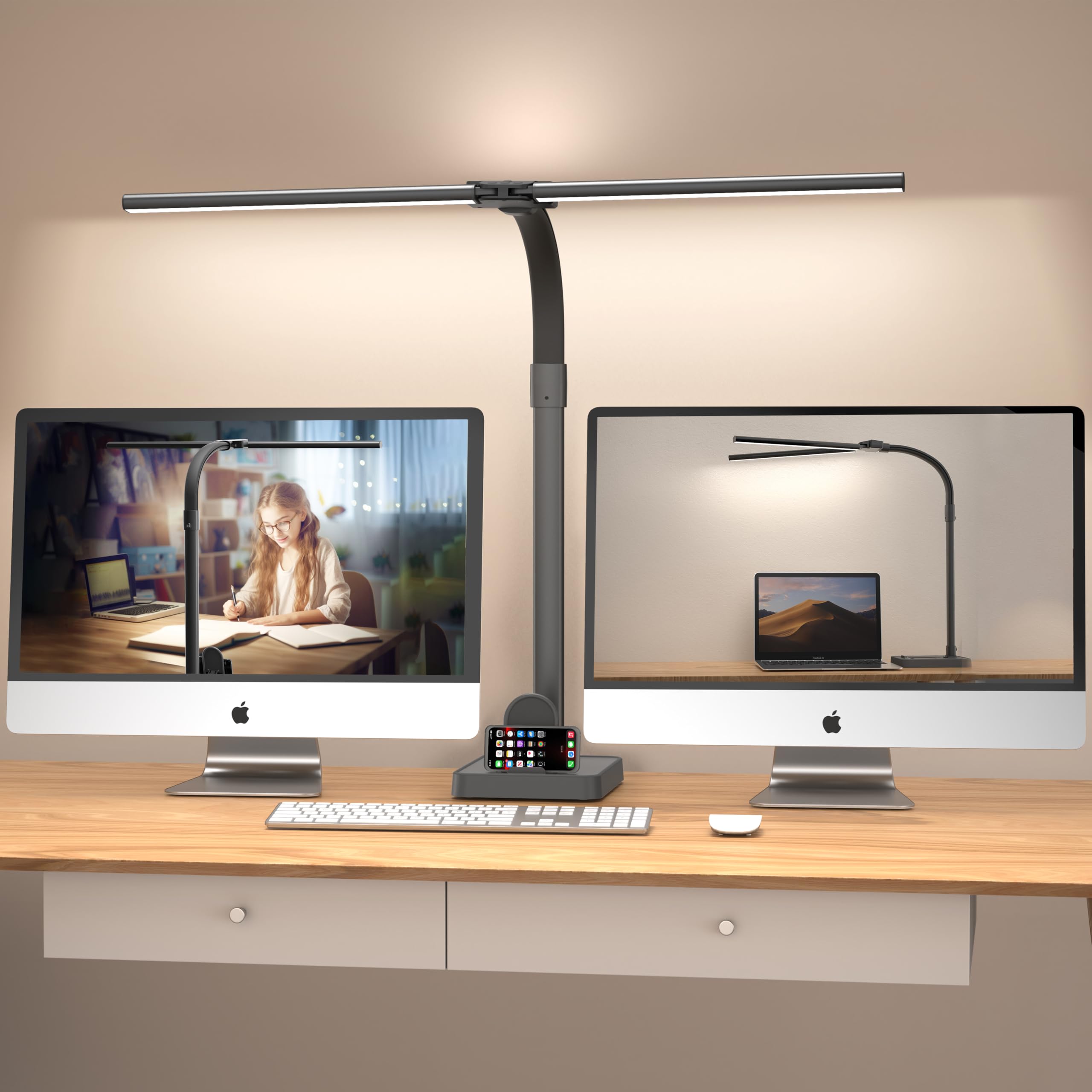 Double Head LED Desk Lamp, Architect Desk Lamps for Office, 24W Brightest Workbench Office Lighting-5 Color Modes and 5 Dimmable Eye Protection Modern Desk Lamp (Black-Desktop, Big)
