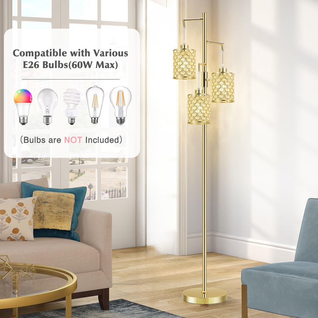 Morden Gold Crystal Floor Lamps for Living Room, 3-Light Standing Tall Lamp with Elegant K9 Crystal Shade & Rotary Switch, Modern Corner Floor Lamp for, Bedroom, Home Office, Reading