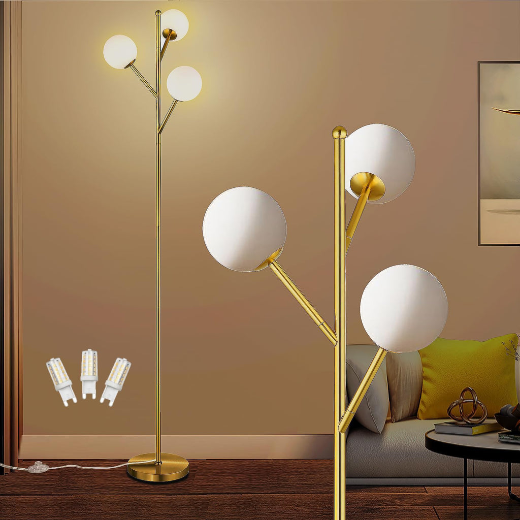 Globe Mid Century Tree Floor Lamp with 3 Light Bulbs,70in Tall Standing Glod Floor Lamp with Frosted Glass Shade for Living Room,Office,Bedroom, Study Room, Hotel, Antique Brass Lighting