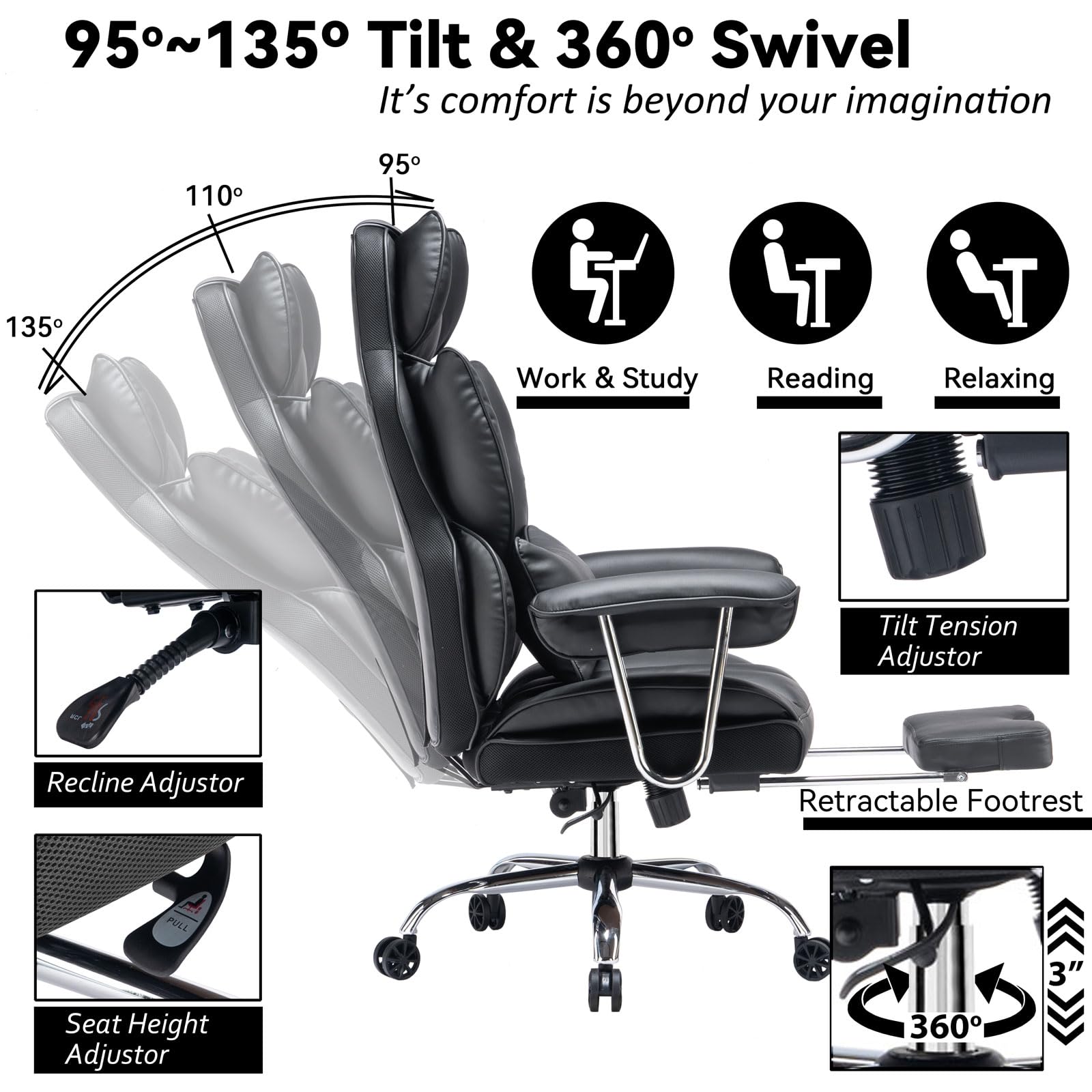 Big and Tall Office Chair 400lbs – High Back Executive Chair with Swivel Base, PU Leather Upholstery, Lumbar Pillow, Padded Armrests, and Rolling Wheels，Black Computer Chair