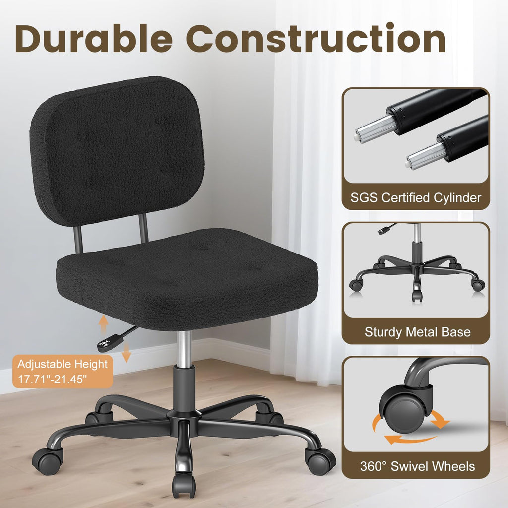 Teddy Fleece Office Chair Black Armless Swivel Task Chair with Adjustable Height & 360° Wheels for Home Office Study