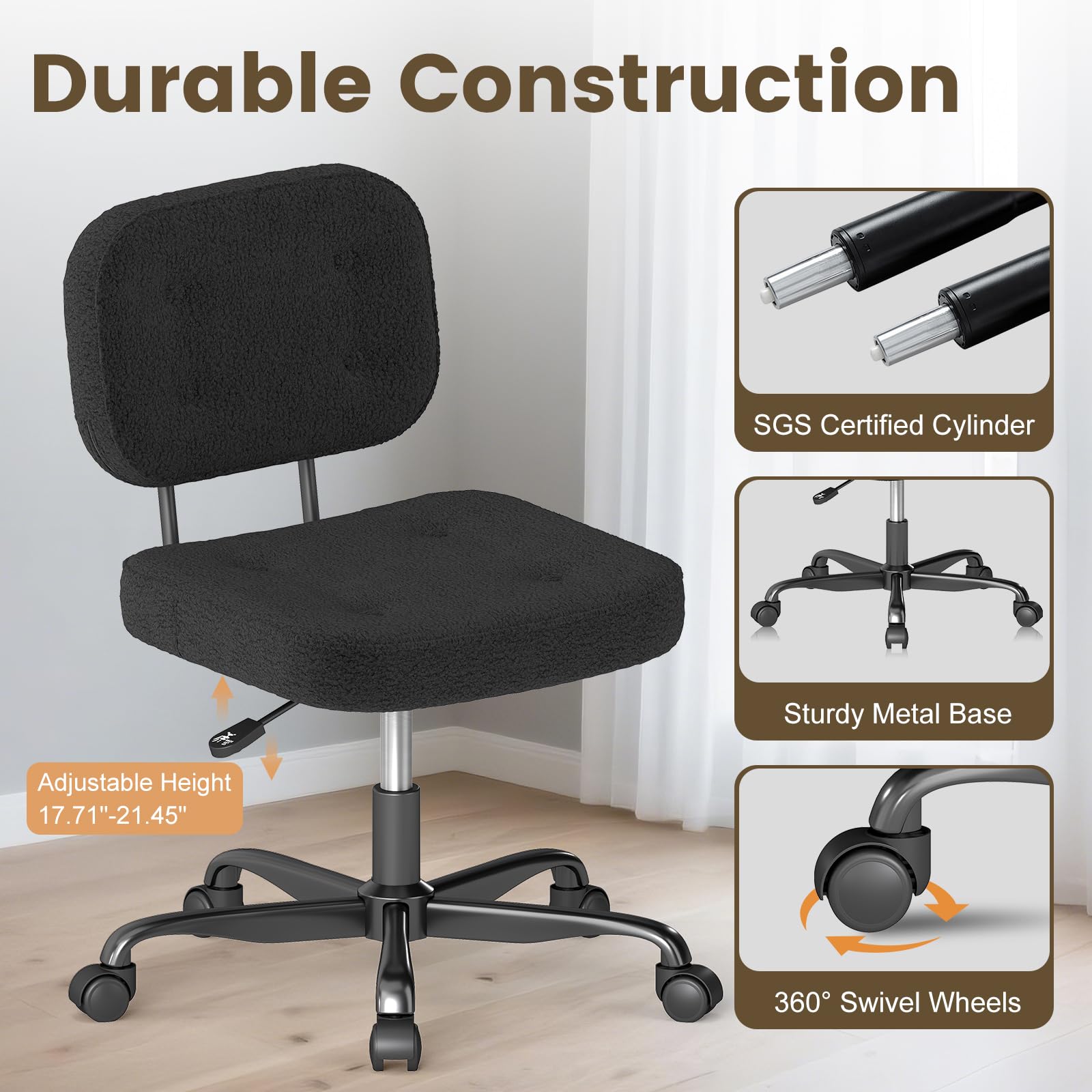 Teddy Fleece Office Chair Black Armless Swivel Task Chair with Adjustable Height & 360° Wheels for Home Office Study